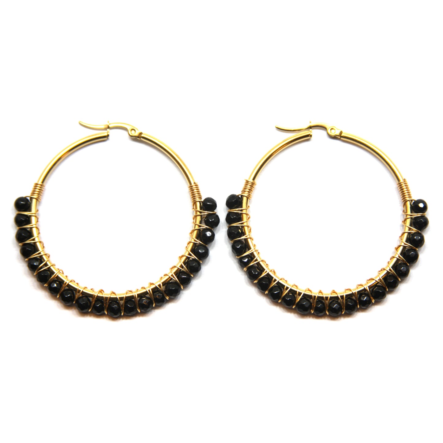 Oorbellen, Rond met kralen, Hoops, Zwart, 48 x 50 mm