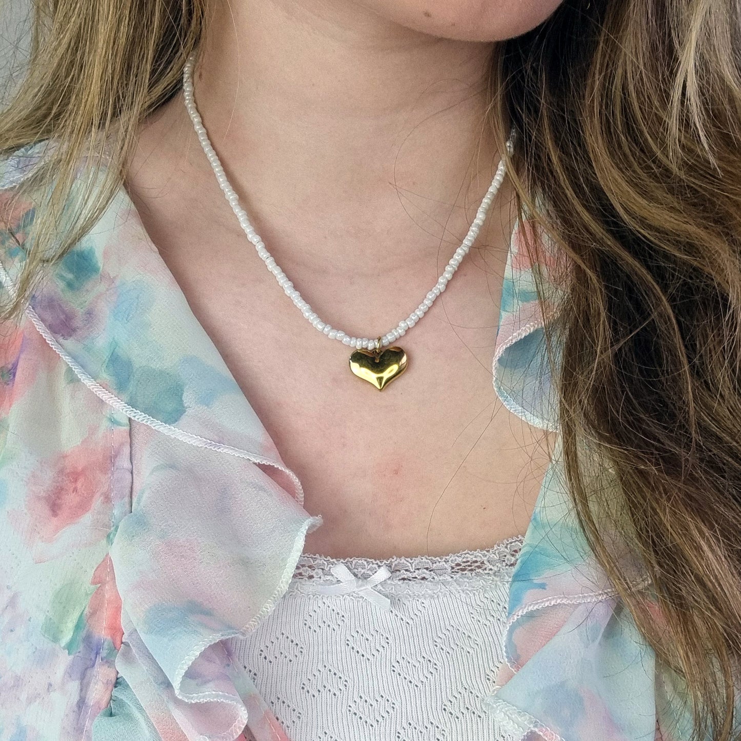 Rocaillesketting, Hartjes bedel, Witte Rocailles, Maat S