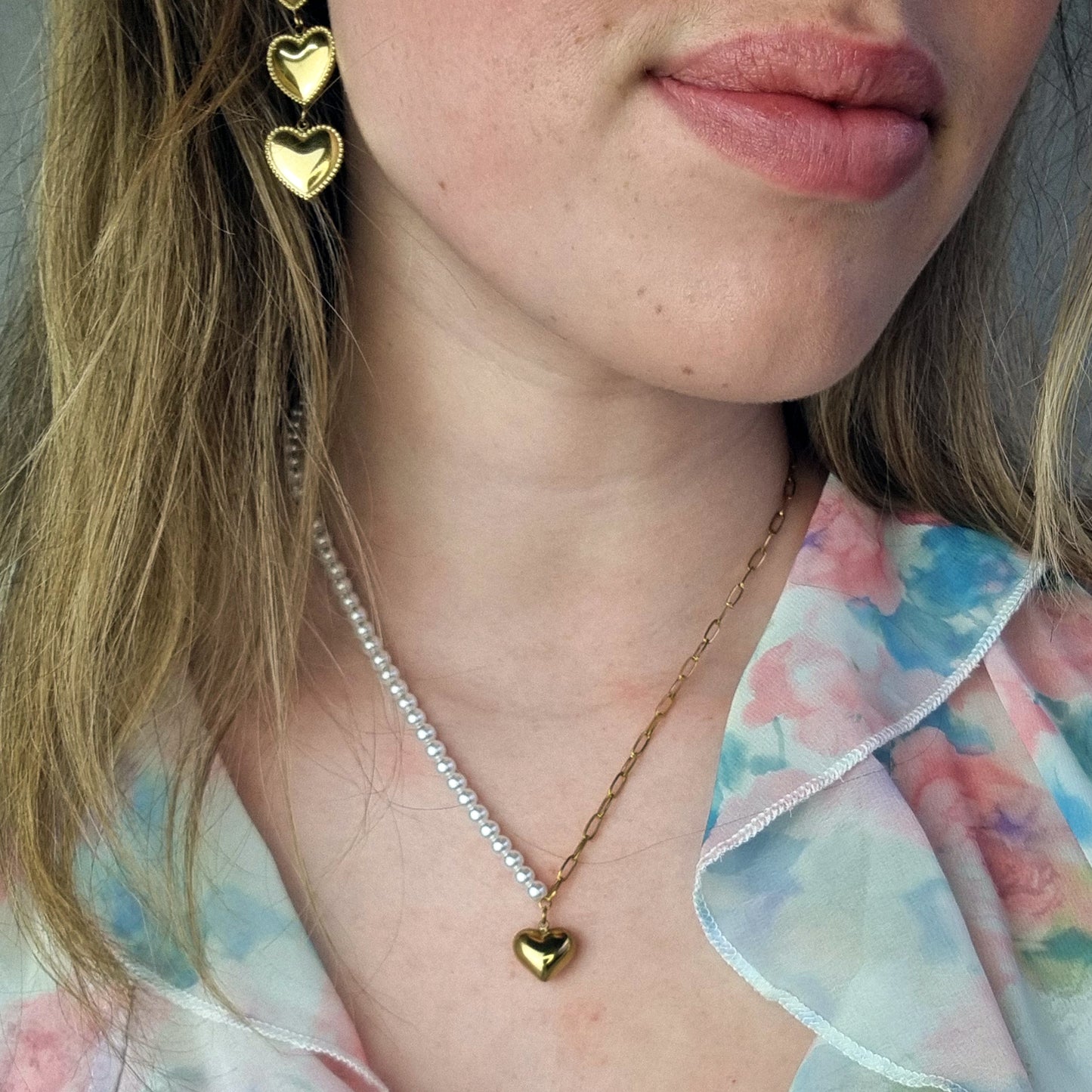 Parel en paperclip ketting, Hartjes bedel, Witte Parel, Maat S