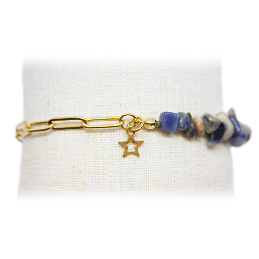 Armband, Halfedelsteen, paperclip, Goud en Blauw Sodaliet