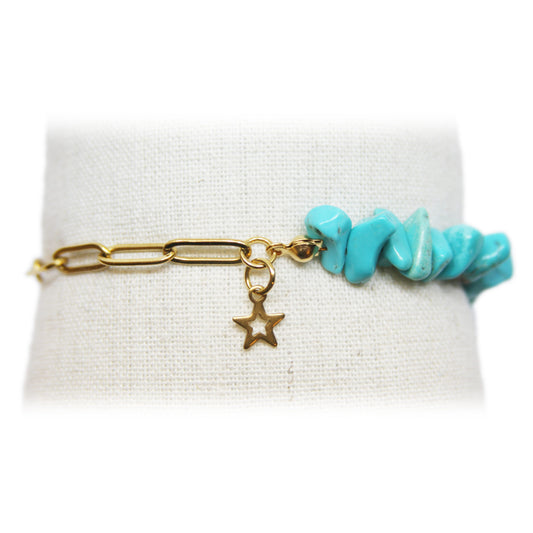 Armband, Halfedelsteen, paperclip, Goud en Turquoise Howliet