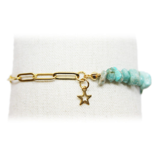 Armband, Halfedelsteen, paperclip, Goud en Licht Turquoise Amazoniet