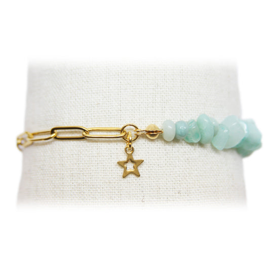 Armband, Halfedelsteen, paperclip, Goud en Licht Turquoise Natuurlijk Amazoniet