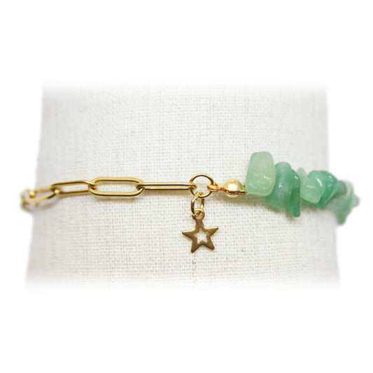 Armband, Halfedelsteen, paperclip, Goud en Groen Aventurijn