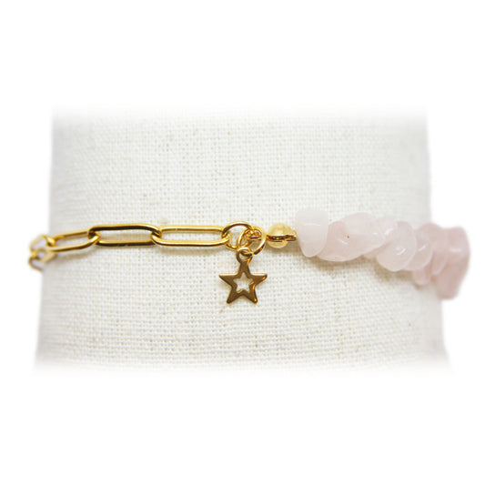 Armband, Halfedelsteen, paperclip, Goud en Roze Kwarts